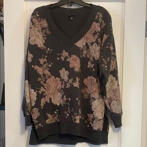 Torrid Black and Pink Floral V-Neck Sweater
